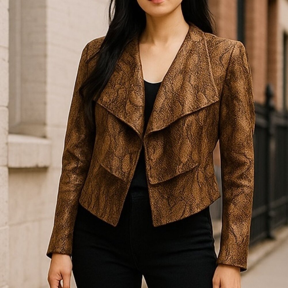 Zara Women's Snake Print Faux Leather Open Front Jacket Brown Medium